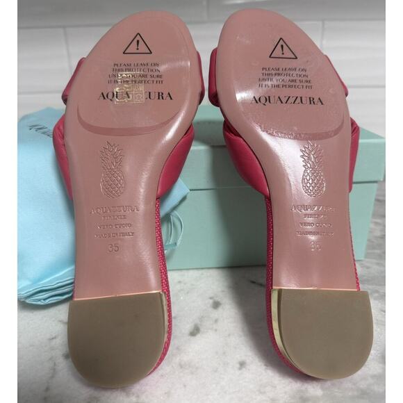 New Aquazzura Olie Pink Soft Leather Raffia Flat Slide on Sandals Size 35 - Picture 10 of 12